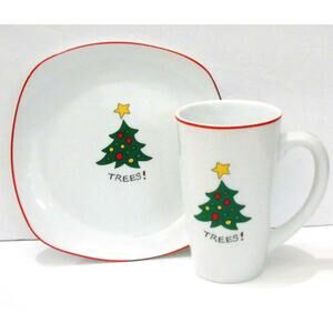 Fitz & Floyd Christmas Holiday Trees SNACK PLATE + COFFEE MUG Kids Place Setting